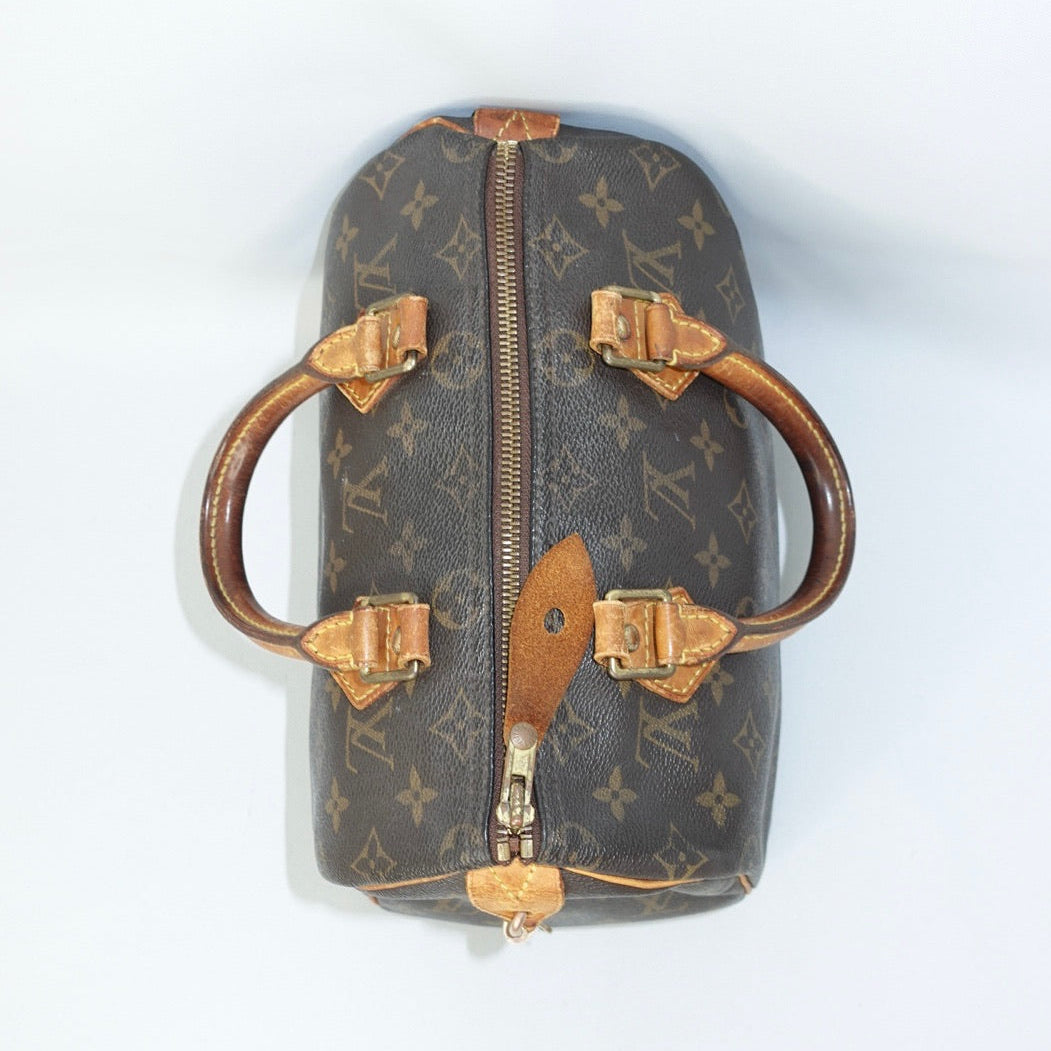 Louis Vuitton monogram handbag with gold hardware on a white background