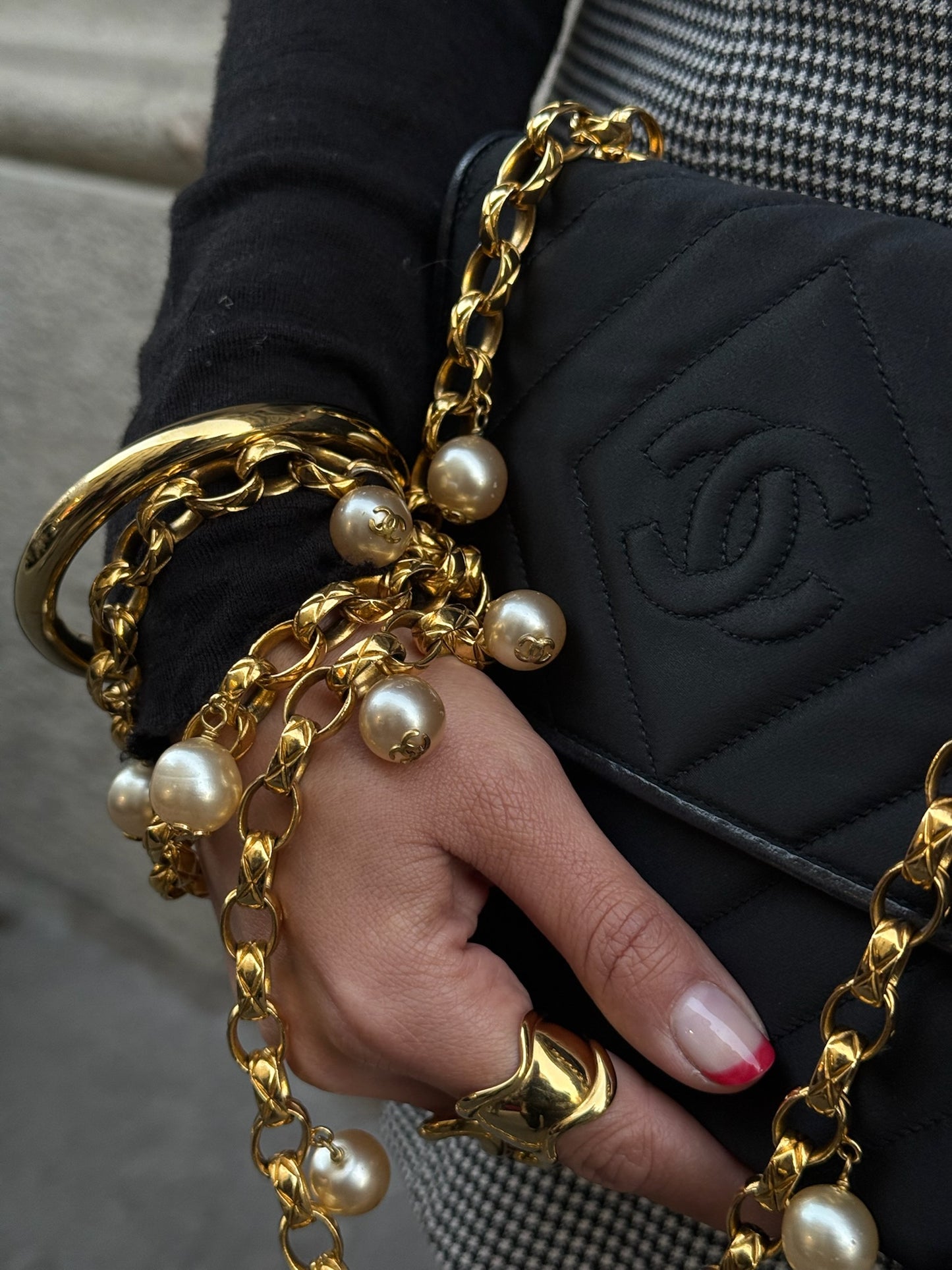 Chanel Vintage Satin Pearl Chain Embroidered CC Logo Bag