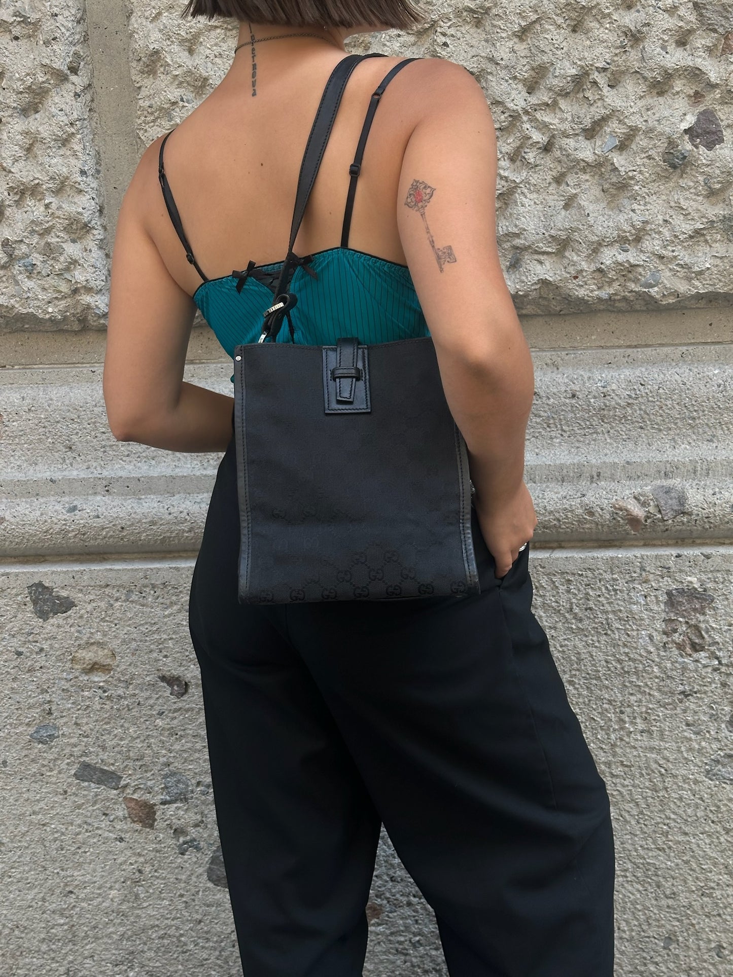 Gucci Vintage Black Canvas and Leather Shoulder Bag