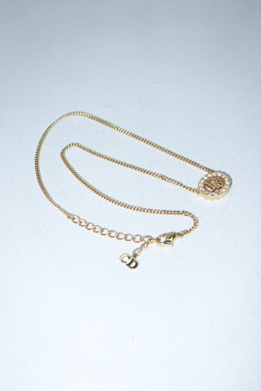 Christian Dior Gold Toned Vintage Necklace Round Crystals Logo