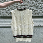 Vintage Cream Knit Wool Vest Burgundy Blue Stripe