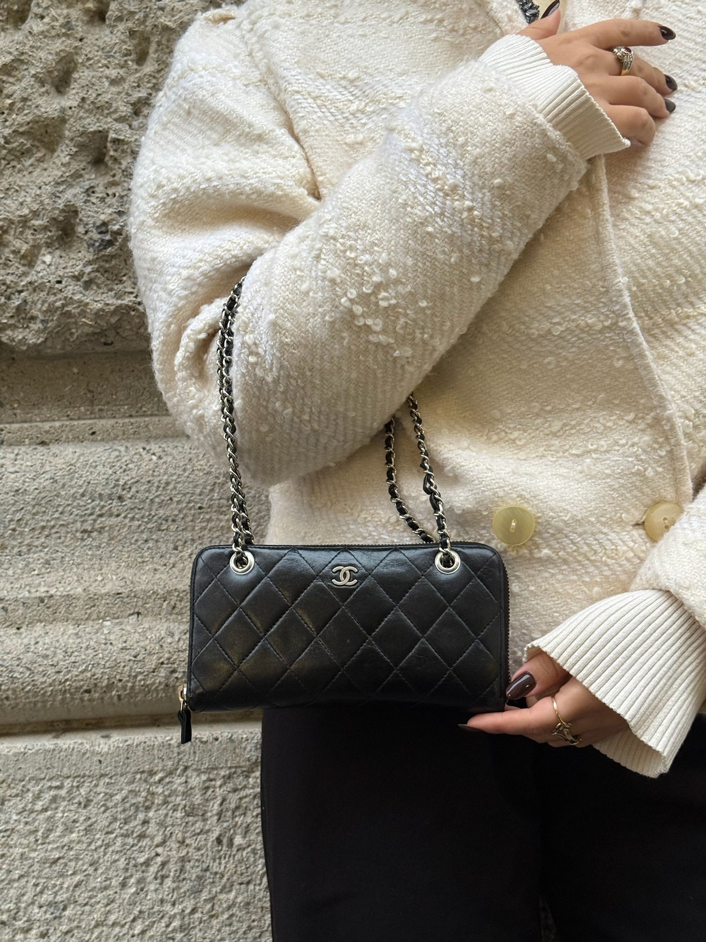 Re-Worked Chanel Timeless Zip Black Vintage Wallet with Chain