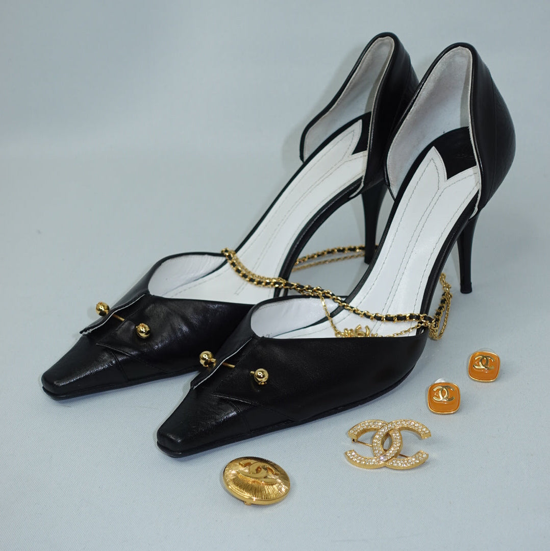 Chanel Vintage Heels Black Pointed-Toe w/ Gold Toned Studs
