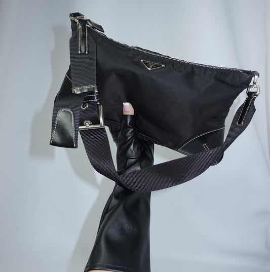 Prada Black Nylon Shoulder Bag w/ Silver Toned Hardware