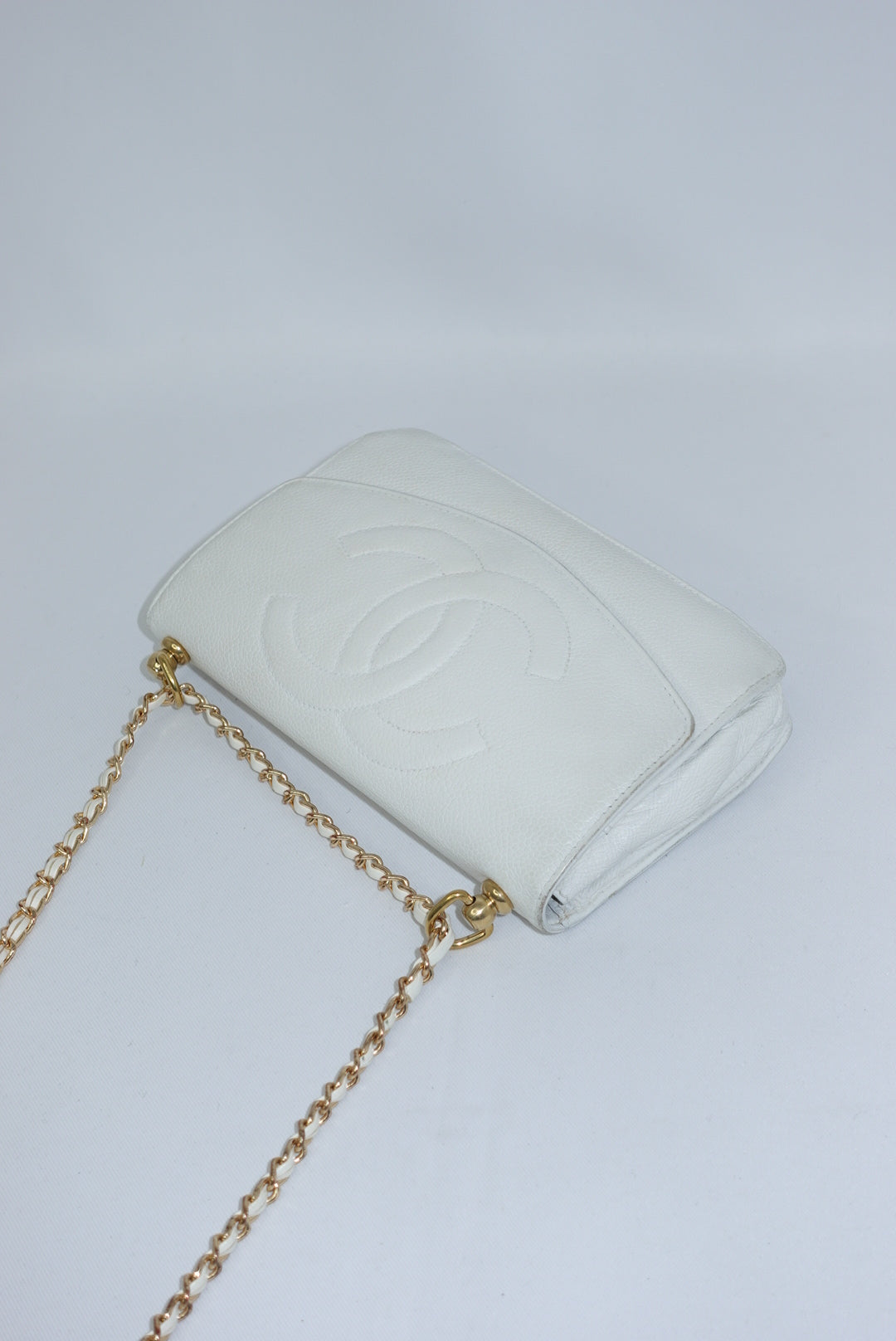 Re-Worked Chanel CC Flap Vintage White Calfskin Vintage Wallet with Chain