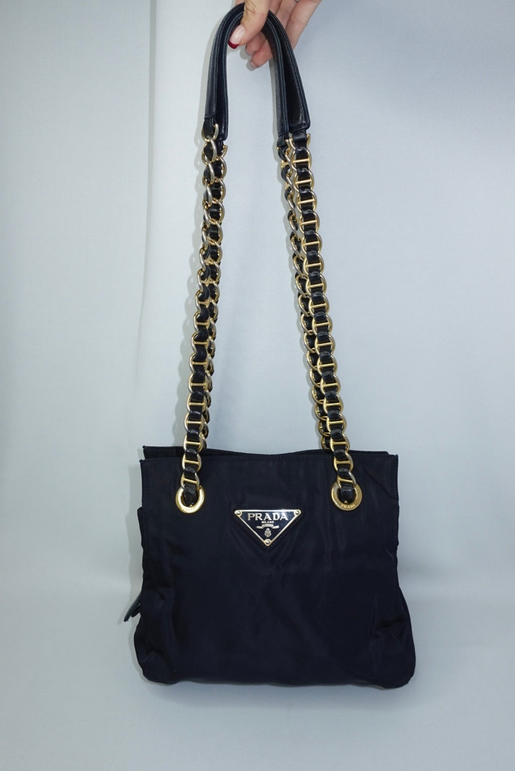Prada Nylon Navy Gold Toned Chain Shoulder Bag