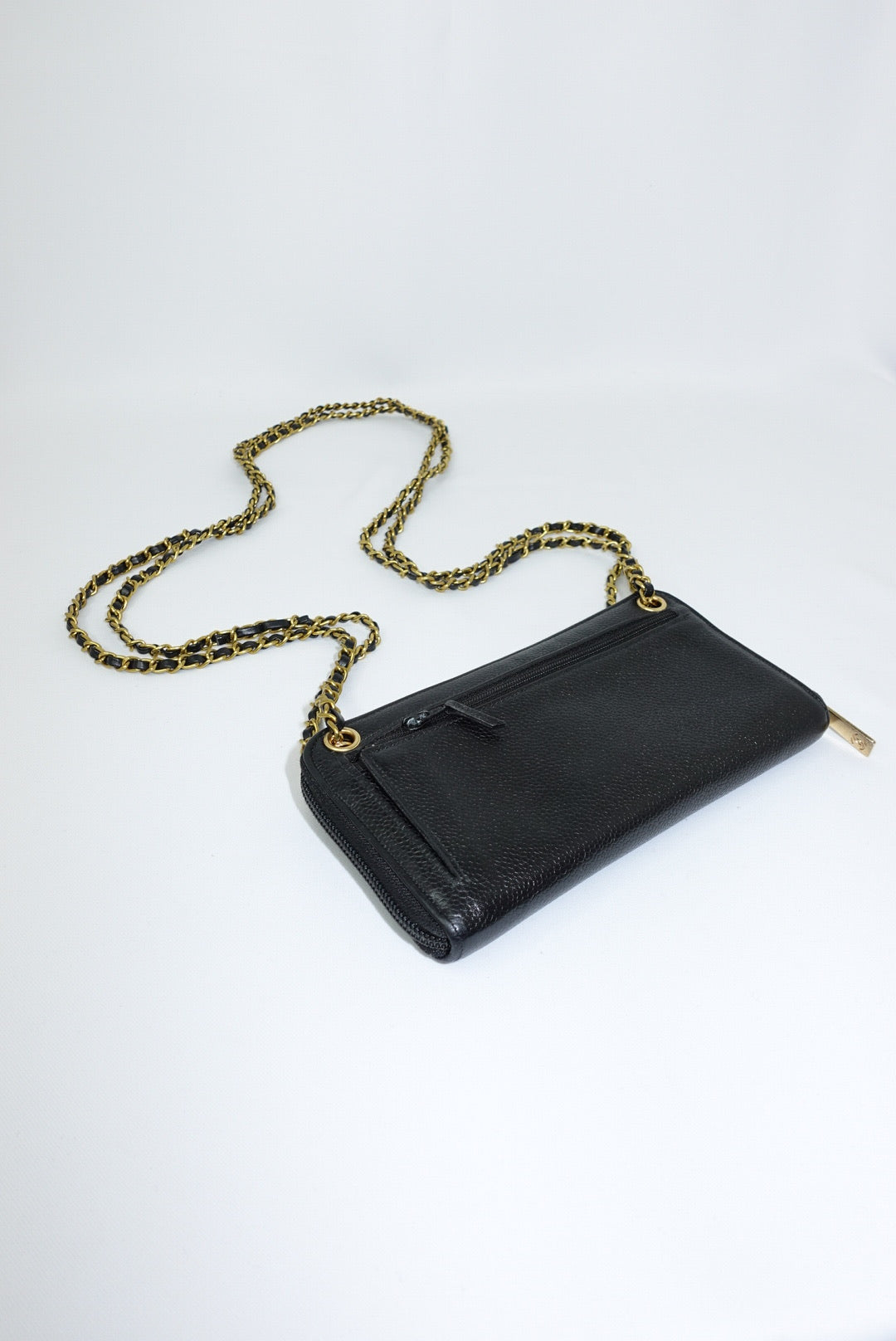 Chanel Re-Worked Zip Vintage Black Interlocking CC Logo Caviar Wallet with Chain