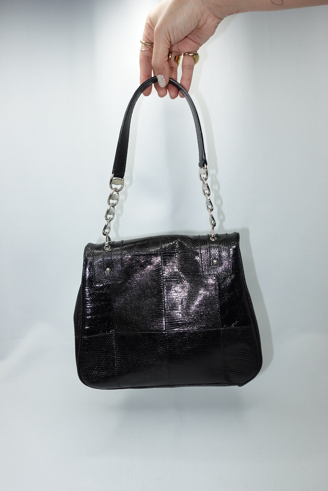 Salvatore Ferragamo Gancio Lock Black Leather Top Handle Bag Silver Hardware