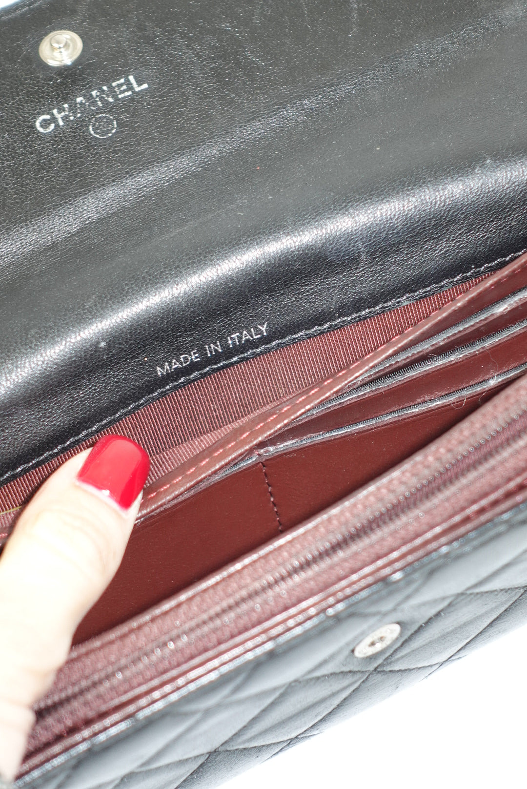 Chanel Vintage Re-worked Black Quilted Flap Wallet with Chain Lambskin