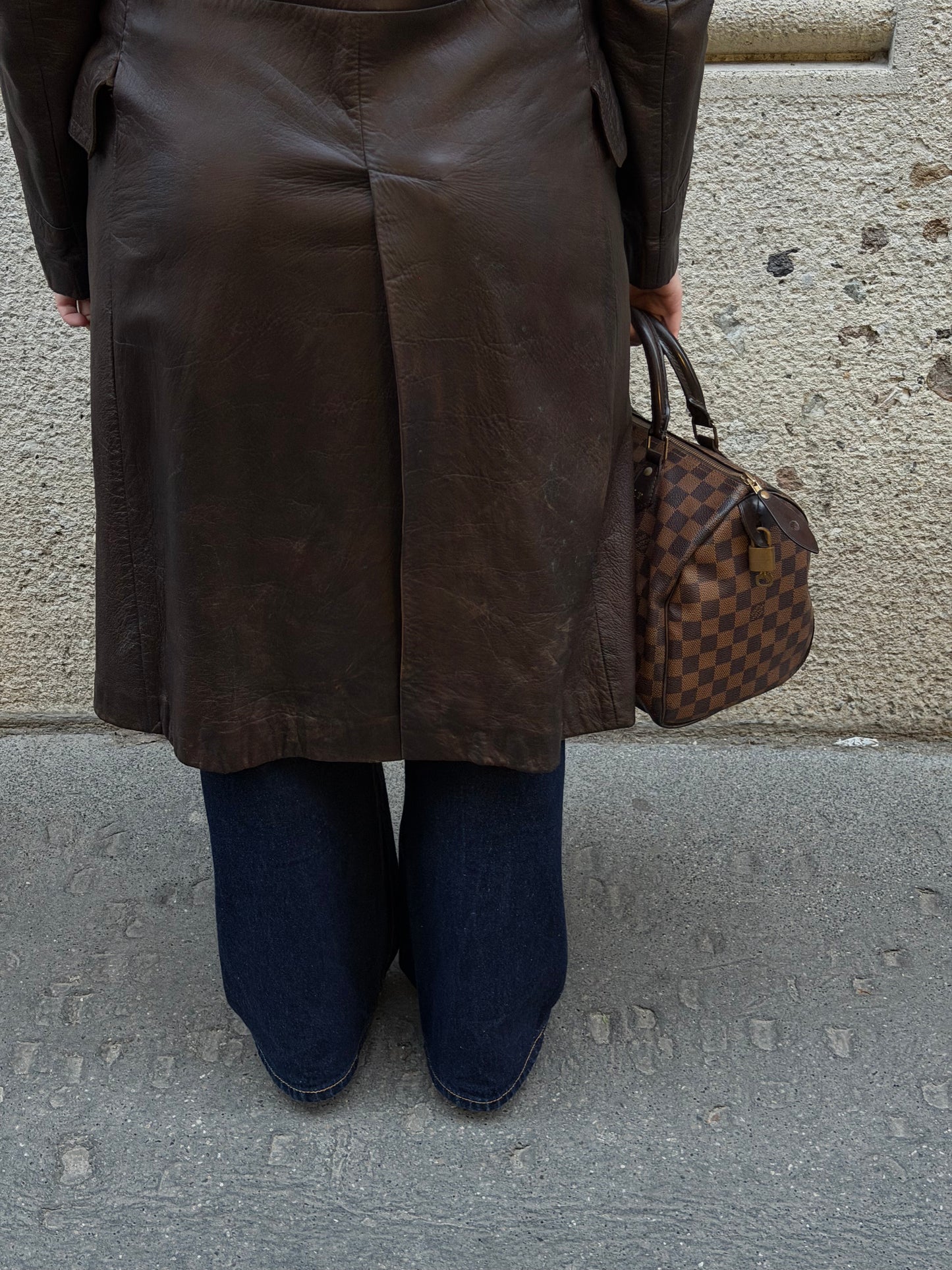 Vintage Dark Brown Leather Trench Coat Gold Toned Buttons