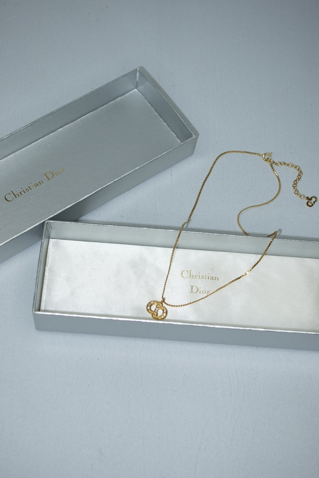 Christian Dior Gold Toned Vintage Necklace Crystals CD Logo