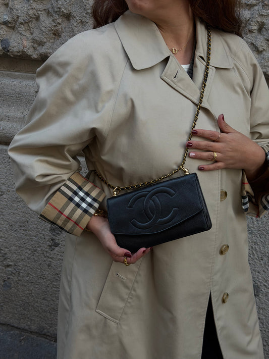 Chanel Re-Worked Vintage Flap Wallet With Chain Black Caviar CC logo