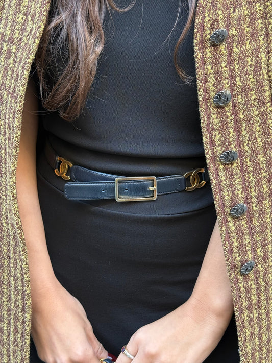 Chanel Navy Blue Leather CC Logo Vintage Belt