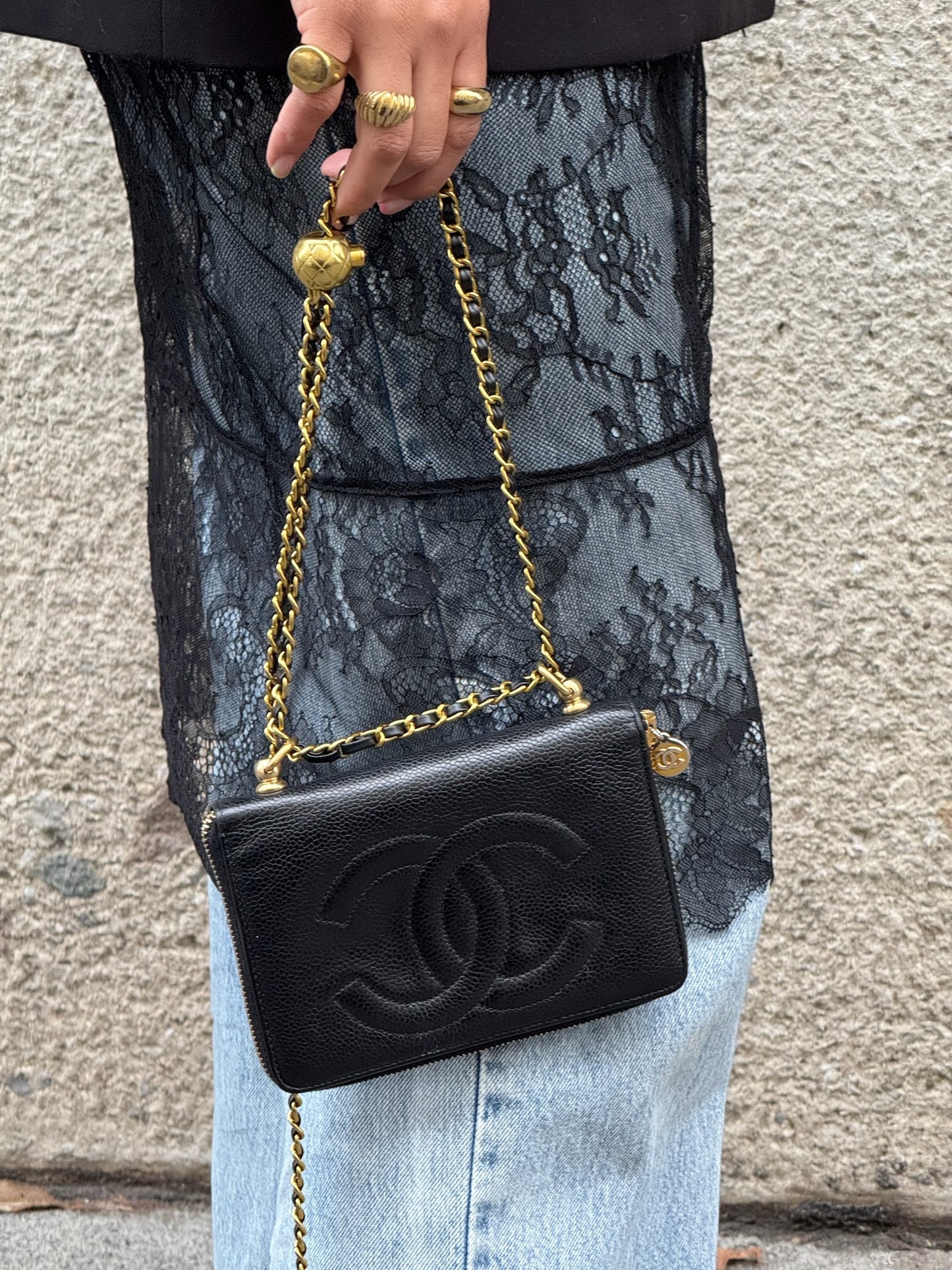 Re-Worked Chanel Black Zip CC Logo Small Vintage Wallet with Chain