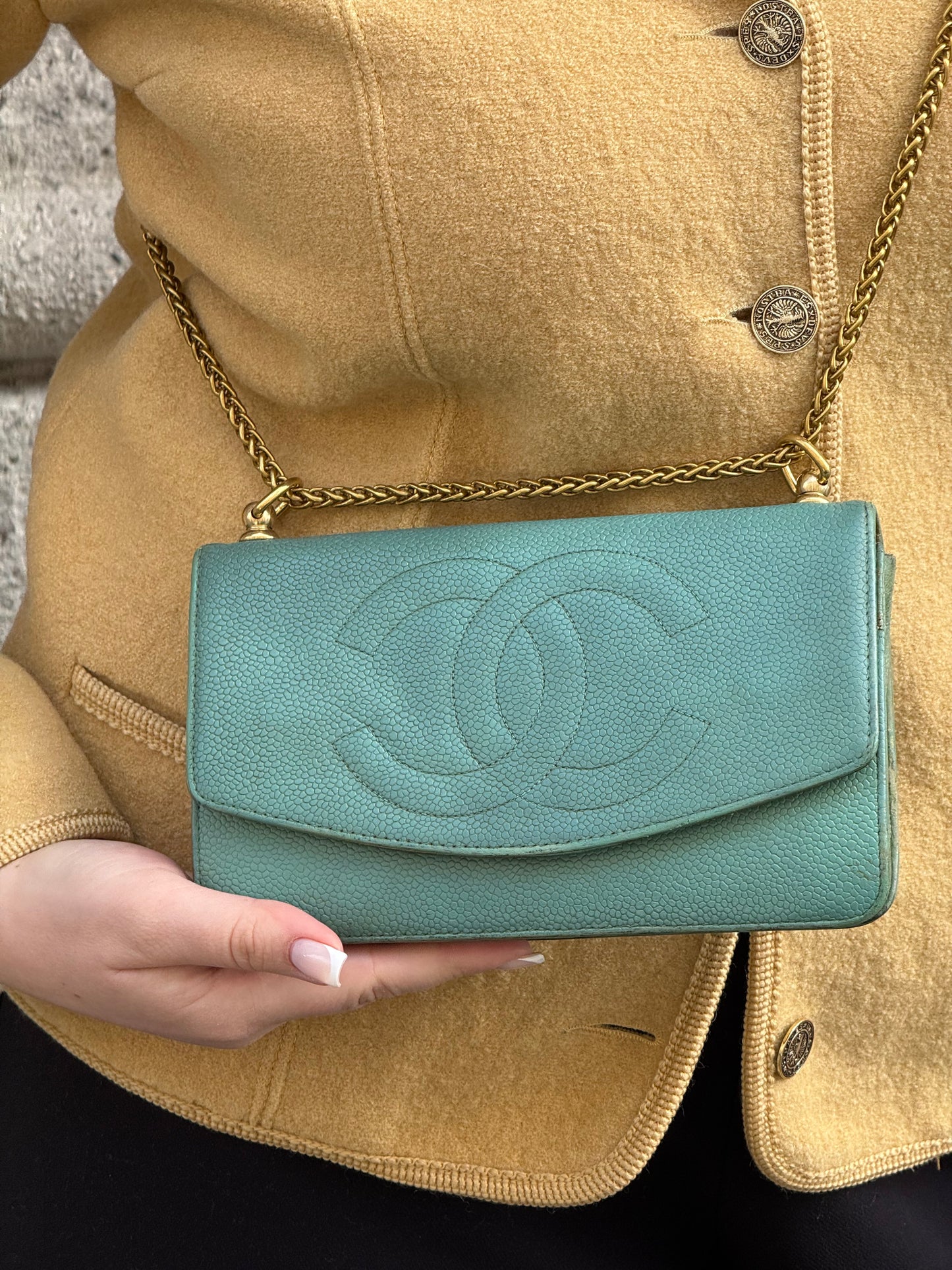 Chanel Re-Worked Flap Teal CC logo Vintage Wallet with Chain