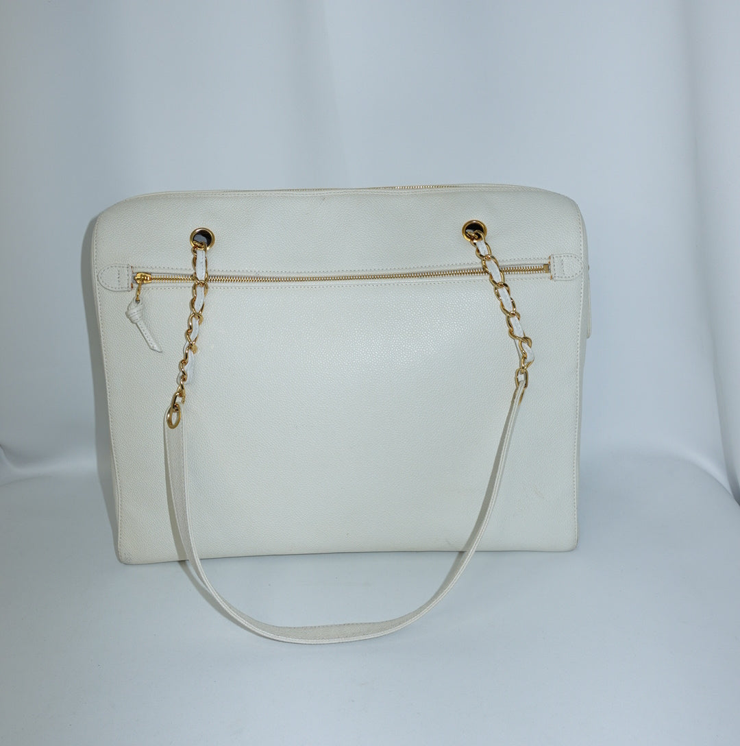 Chanel Vintage White Embossed CC Logo Tote Bag