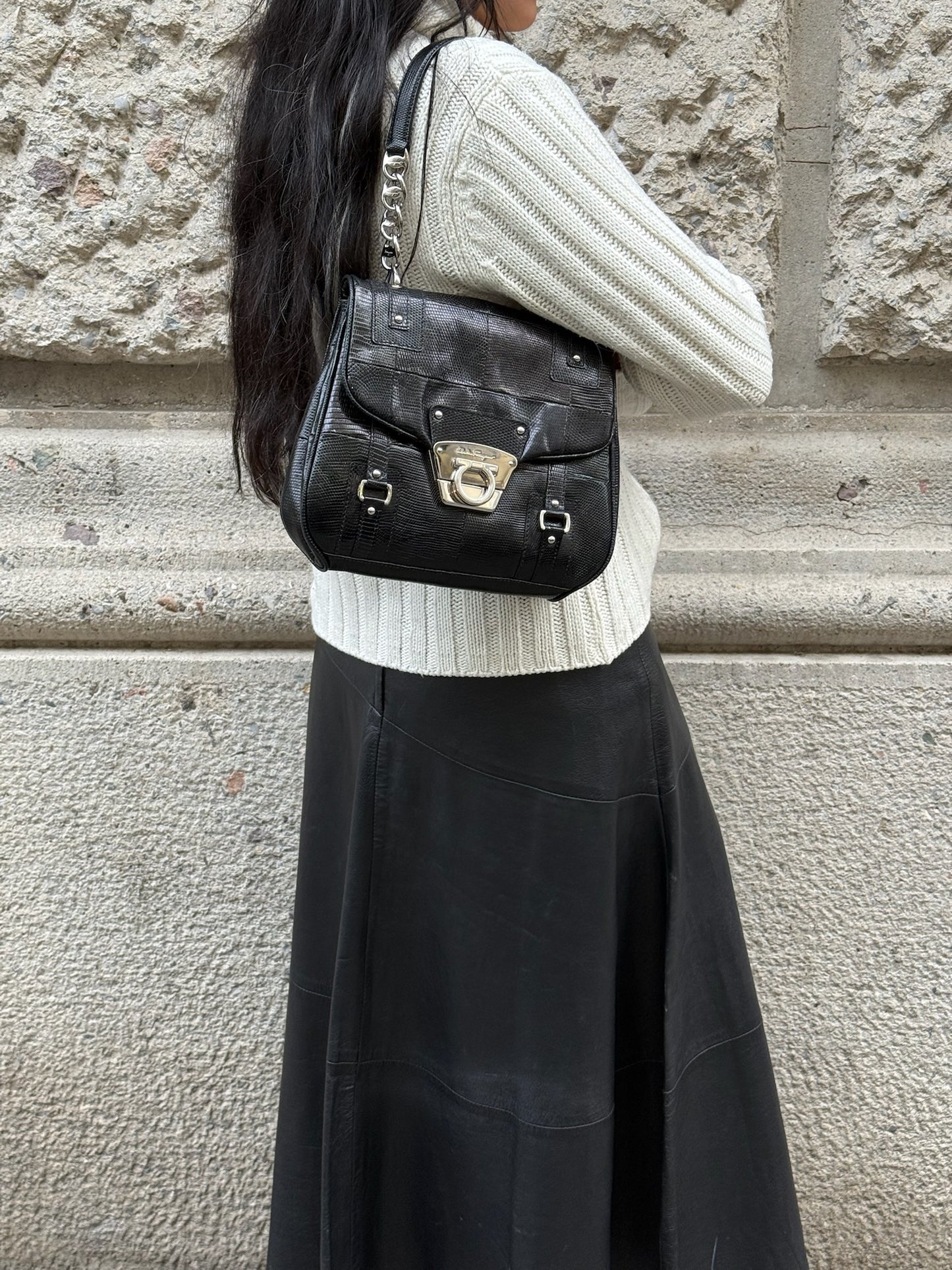 Salvatore Ferragamo Gancio Lock Black Leather Top Handle Bag Silver Hardware