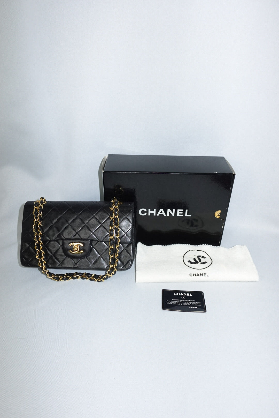 Chanel Timeless Classic 23 black double flap bag with gold hardware