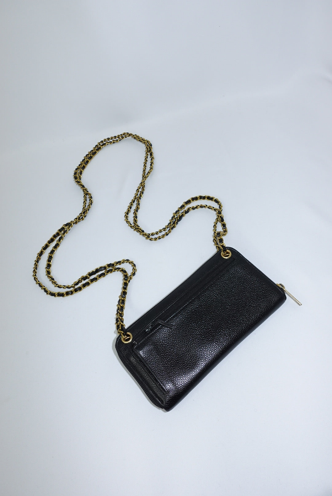 Chanel Re-Worked Zip Vintage Black Interlocking CC Logo Caviar Wallet with Chain