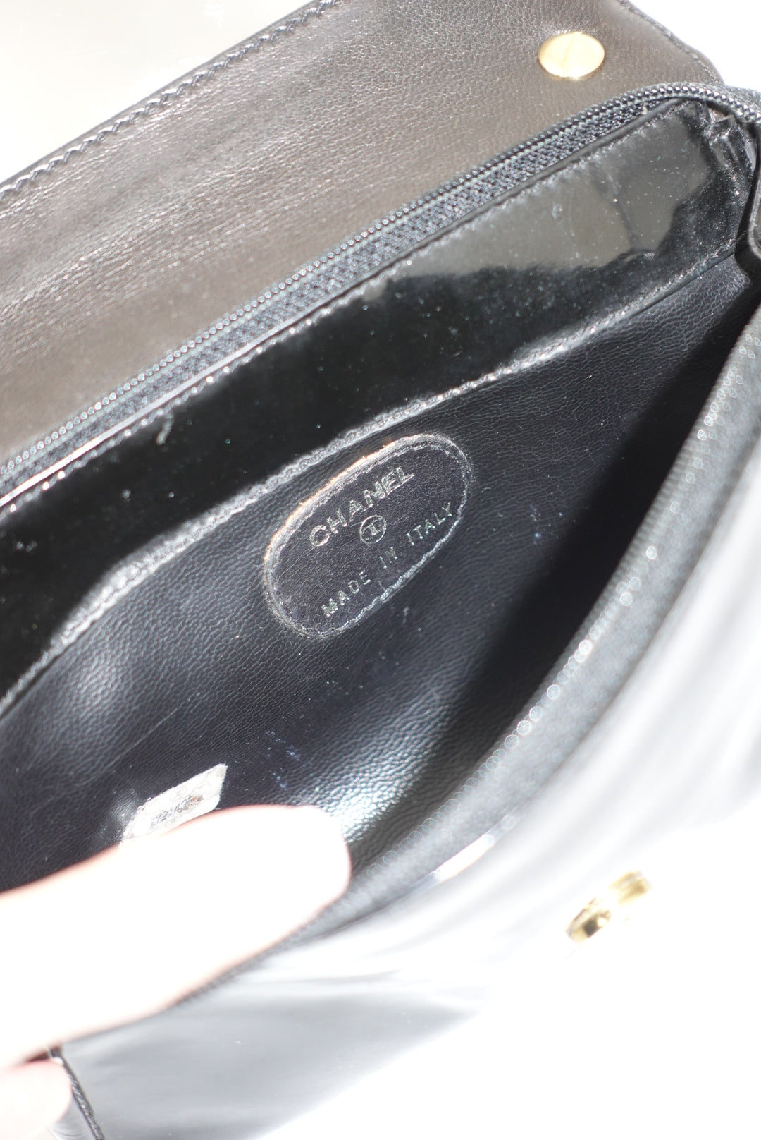 Chanel Re-Worked CC Flap Vintage Black Patent Leather Wallet w/ Chain