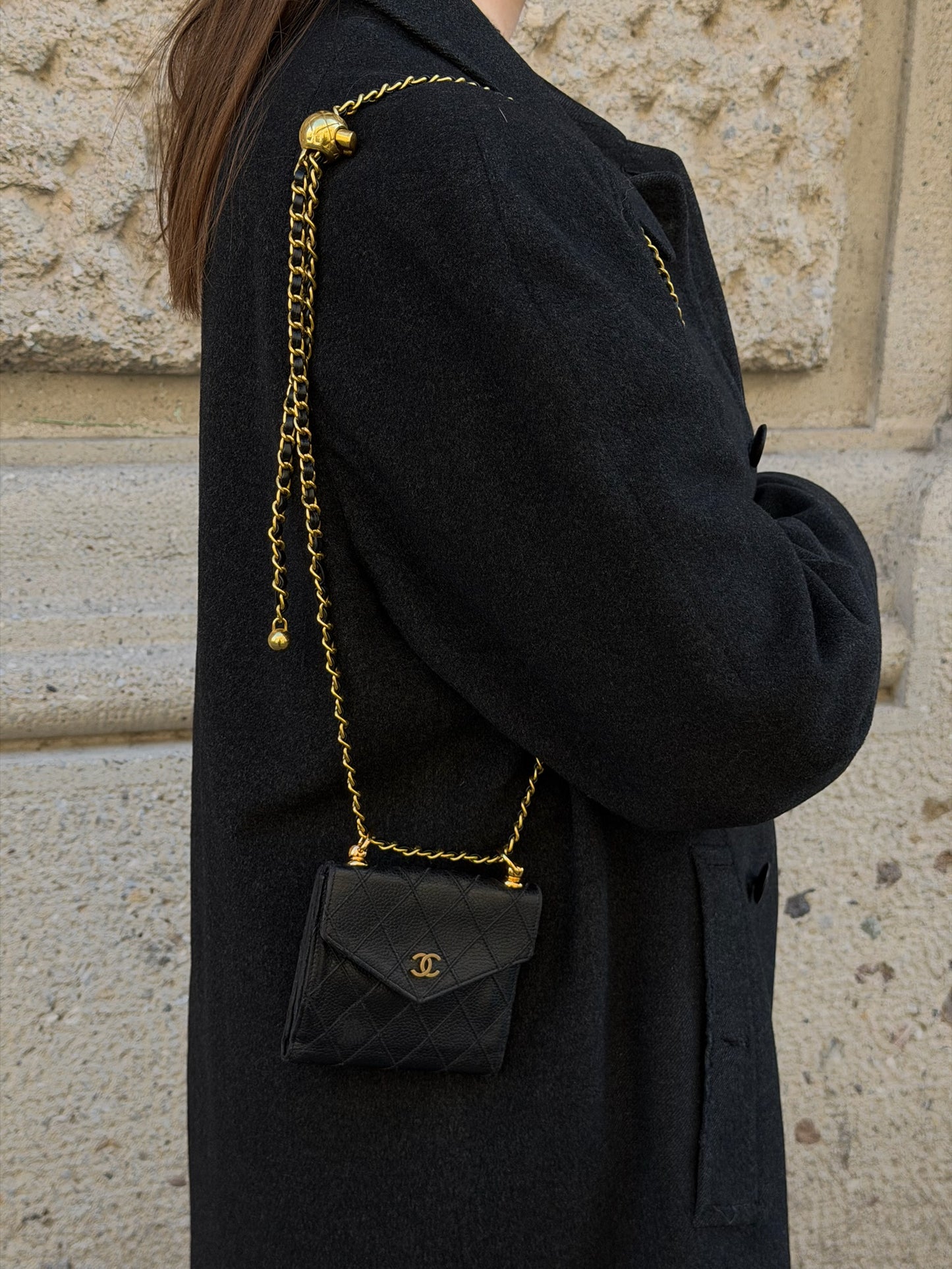 Chanel Re-Worked Small Quilted Black Leather Wallet With Chain