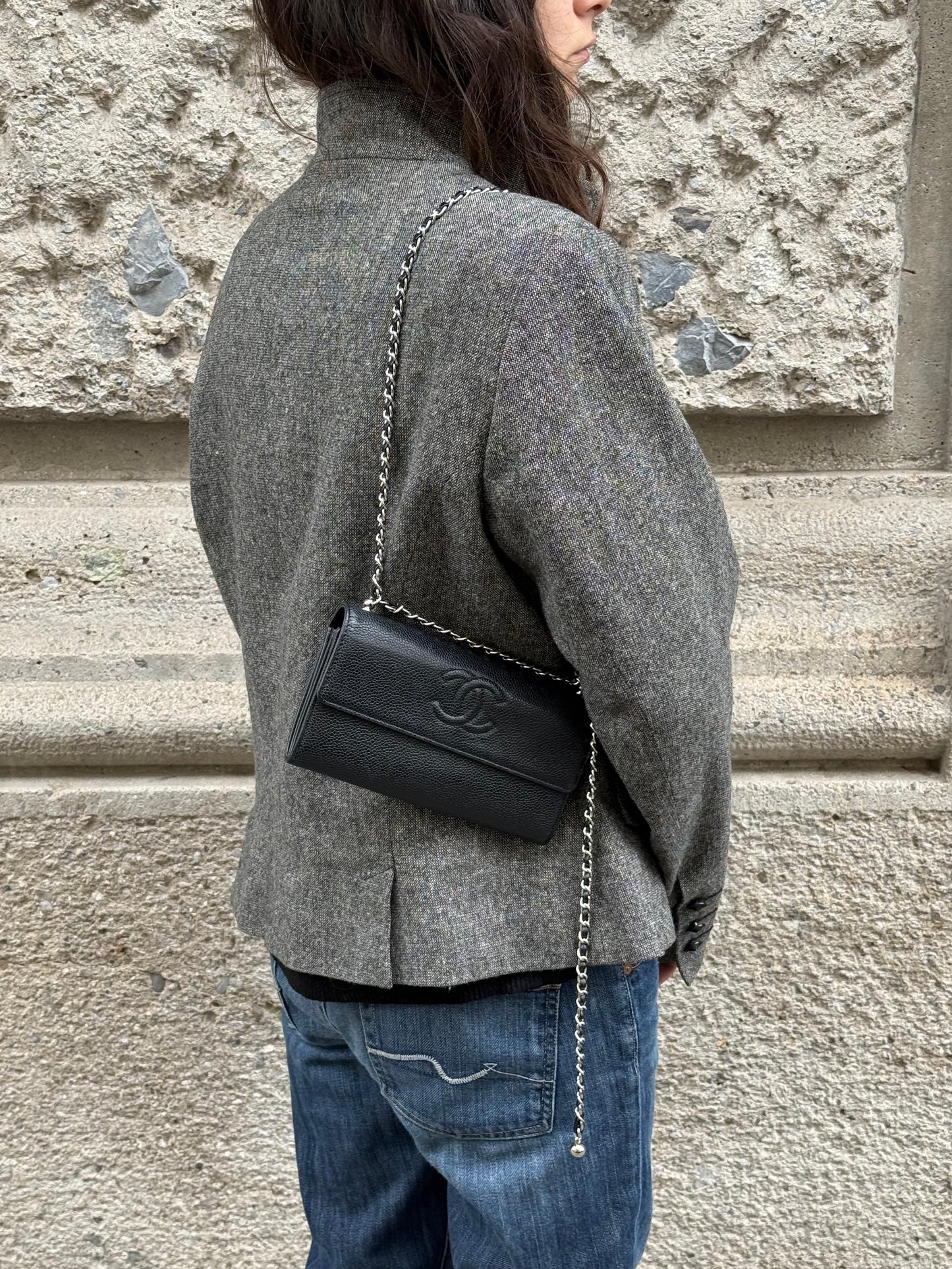 Chanel Re-Worked Flap Long Wallet With Chain Black Embossed CC logo