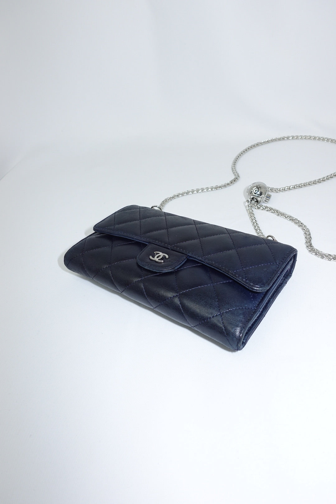 Re-Worked Chanel Timeless Trifold Vintage Navy Wallet with Chain