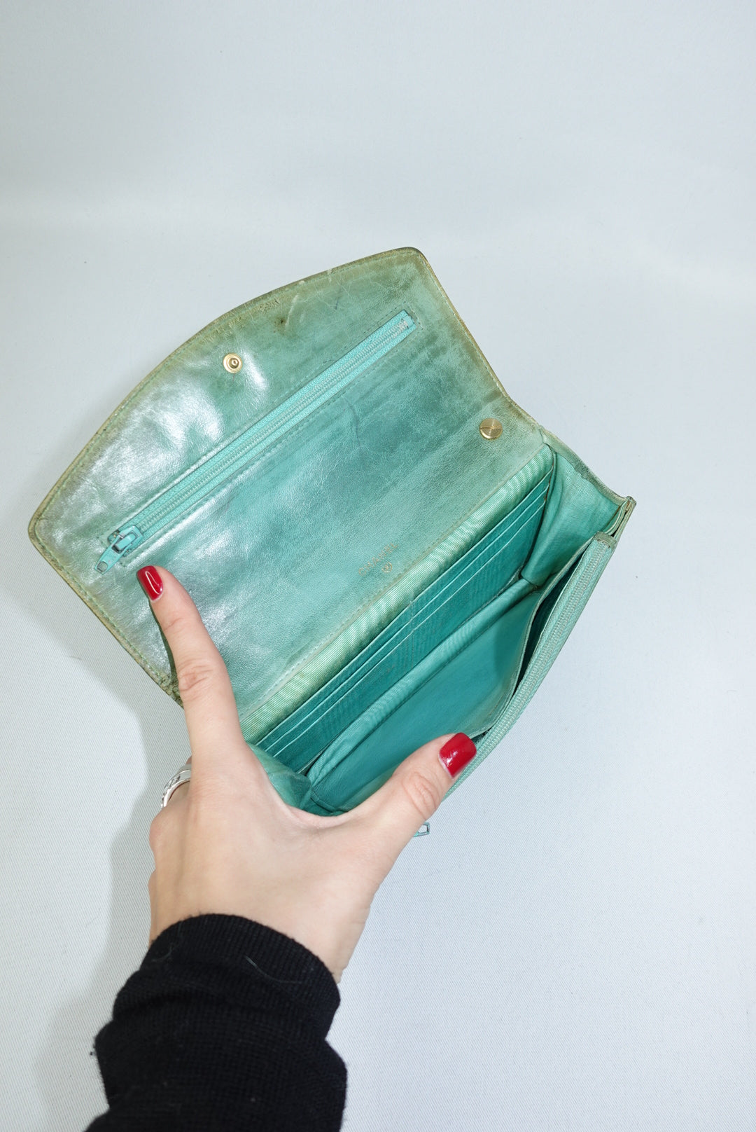 Chanel Re-Worked Flap Teal CC logo Vintage Wallet with Chain