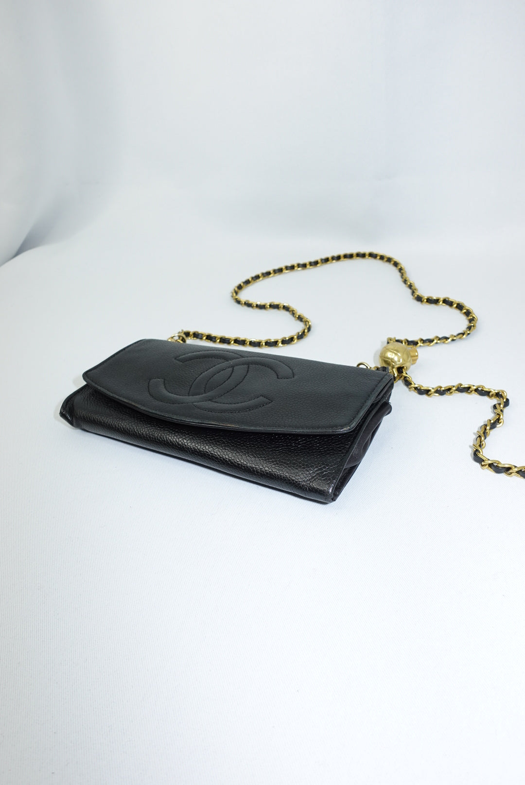 Chanel Re-Worked Vintage Long Flap Wallet With Chain Black Caviar CC logo