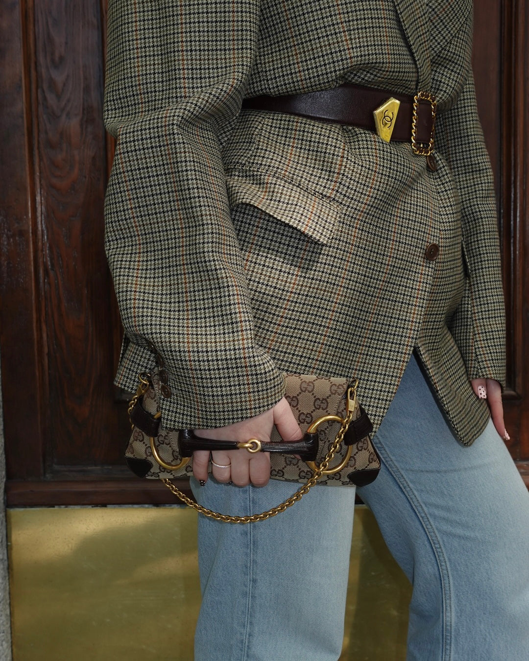 Gucci Horsebit Chain Monogram Canvas Shoulder Bag