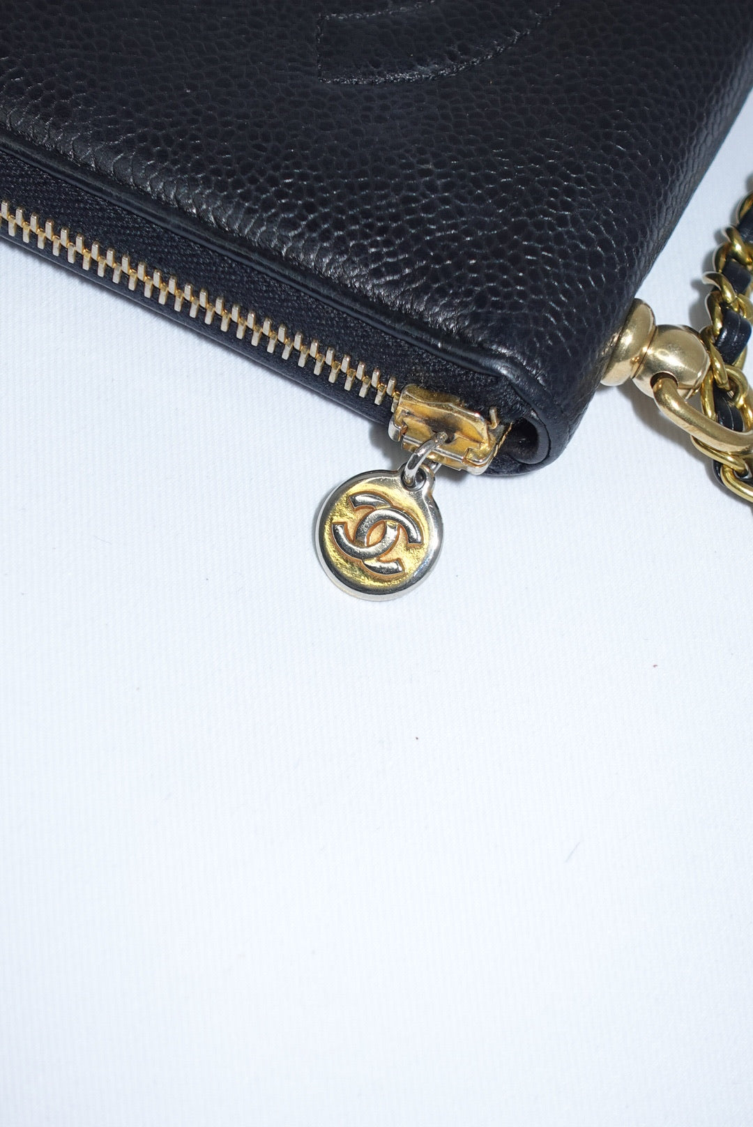 Re-Worked Chanel Black Zip CC Logo Small Vintage Wallet with Chain