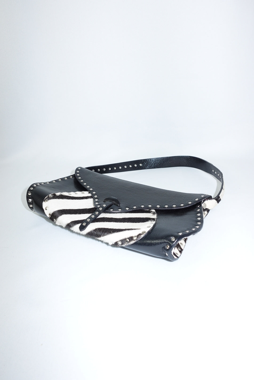 Celine Vintage Black Leather & Zebra Pony Hair Shoulder Bag (2004)