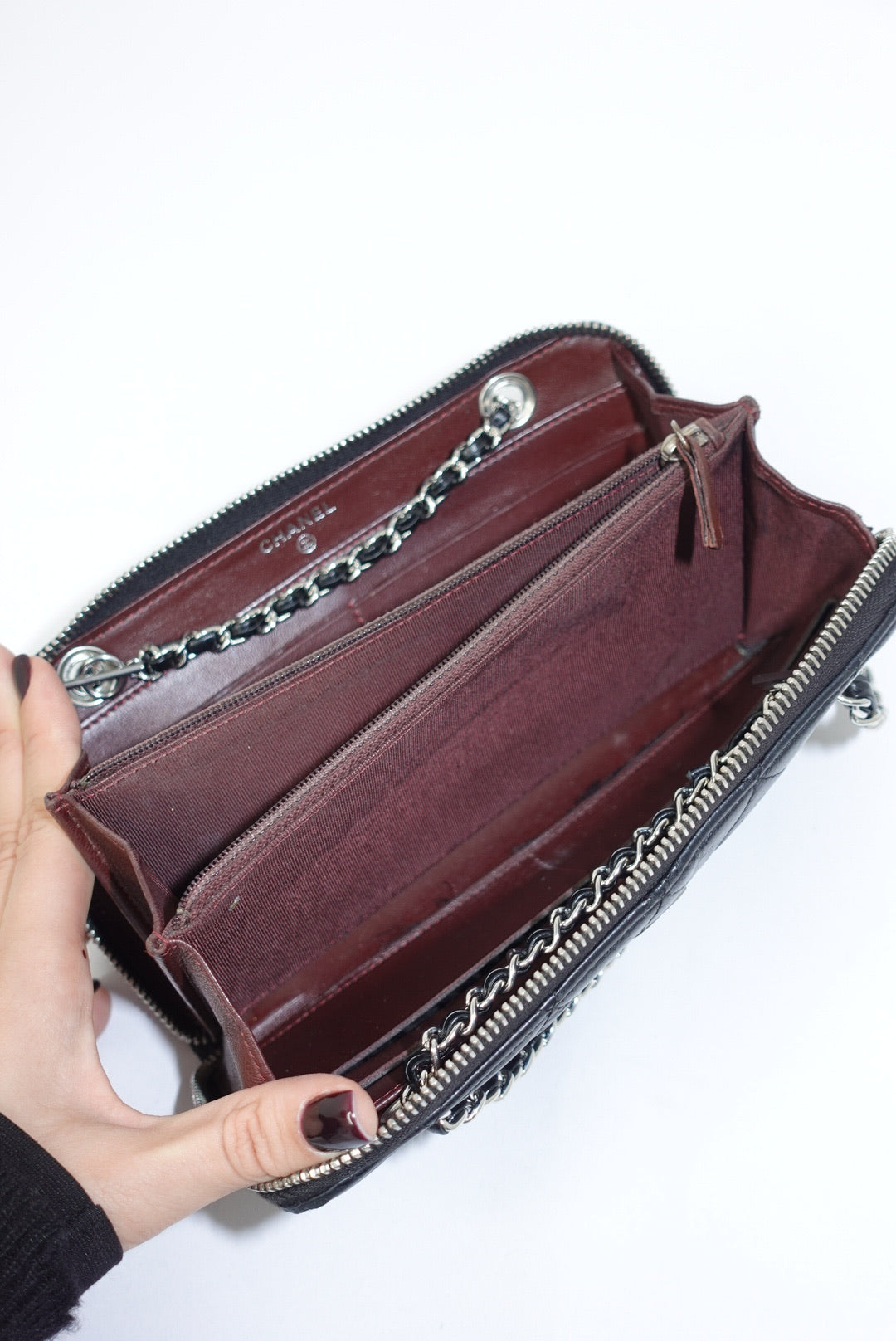 Re-Worked Chanel Timeless Zip Black Vintage Wallet with Chain