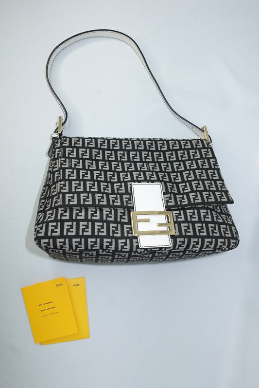 Vintage Fendi Mamma Baguette in black and white Zucchini canvas with silver hardware