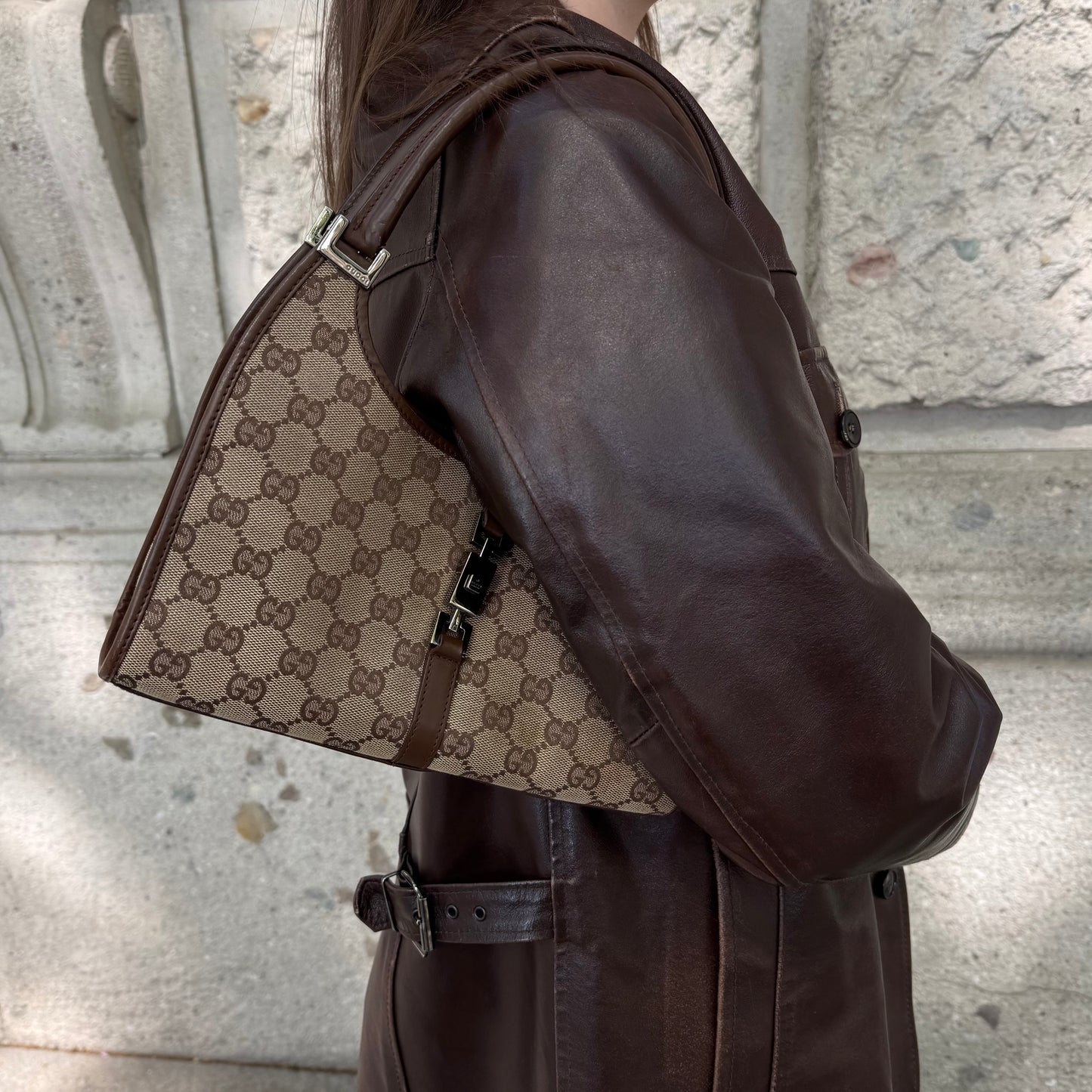 Gucci Vintage Jackie Bardot Brown Leather & GG Canvas Bag