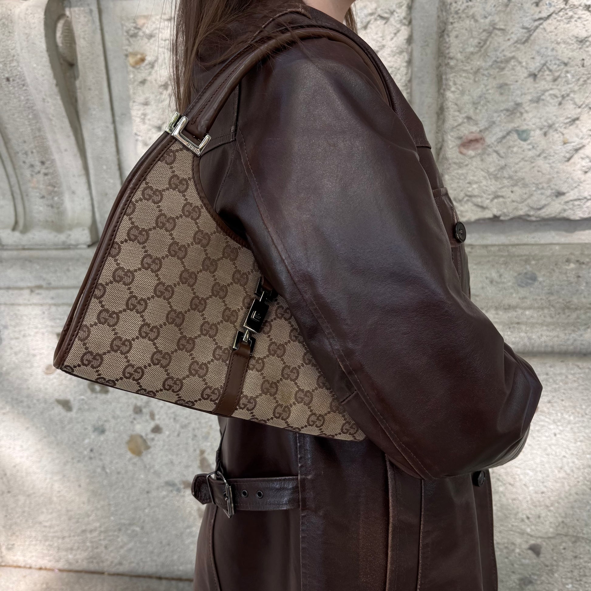 Gucci Vintage Jackie Bardot Brown Leather & GG Canvas Bag