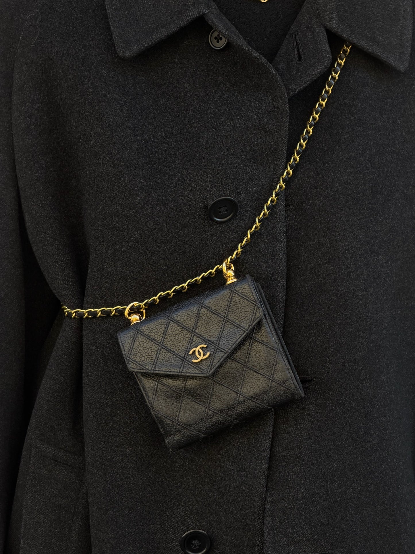 Chanel Re-Worked Small Quilted Black Leather Wallet With Chain