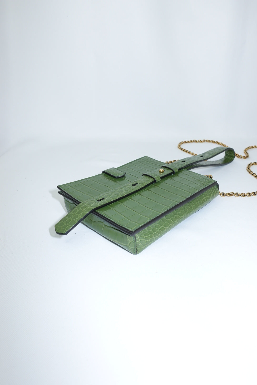 Ferragamo Croc Print Gancini Green Handbag W/ Chain