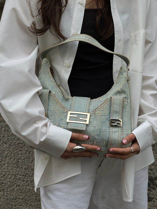 Fendi FF Zucca Light Wash Denim Hobo Bag