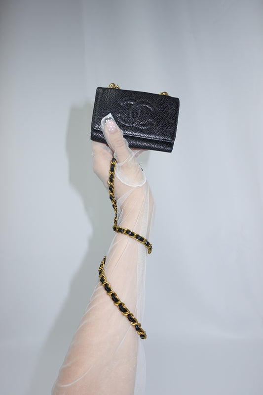 123. Re-Worked Chanel Mini Black Keyholder Caviar Leather W.O.C.