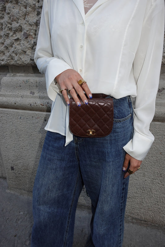 Chanel Vintage Chocolate Brown Quilted Caviar Leather Belt Bag