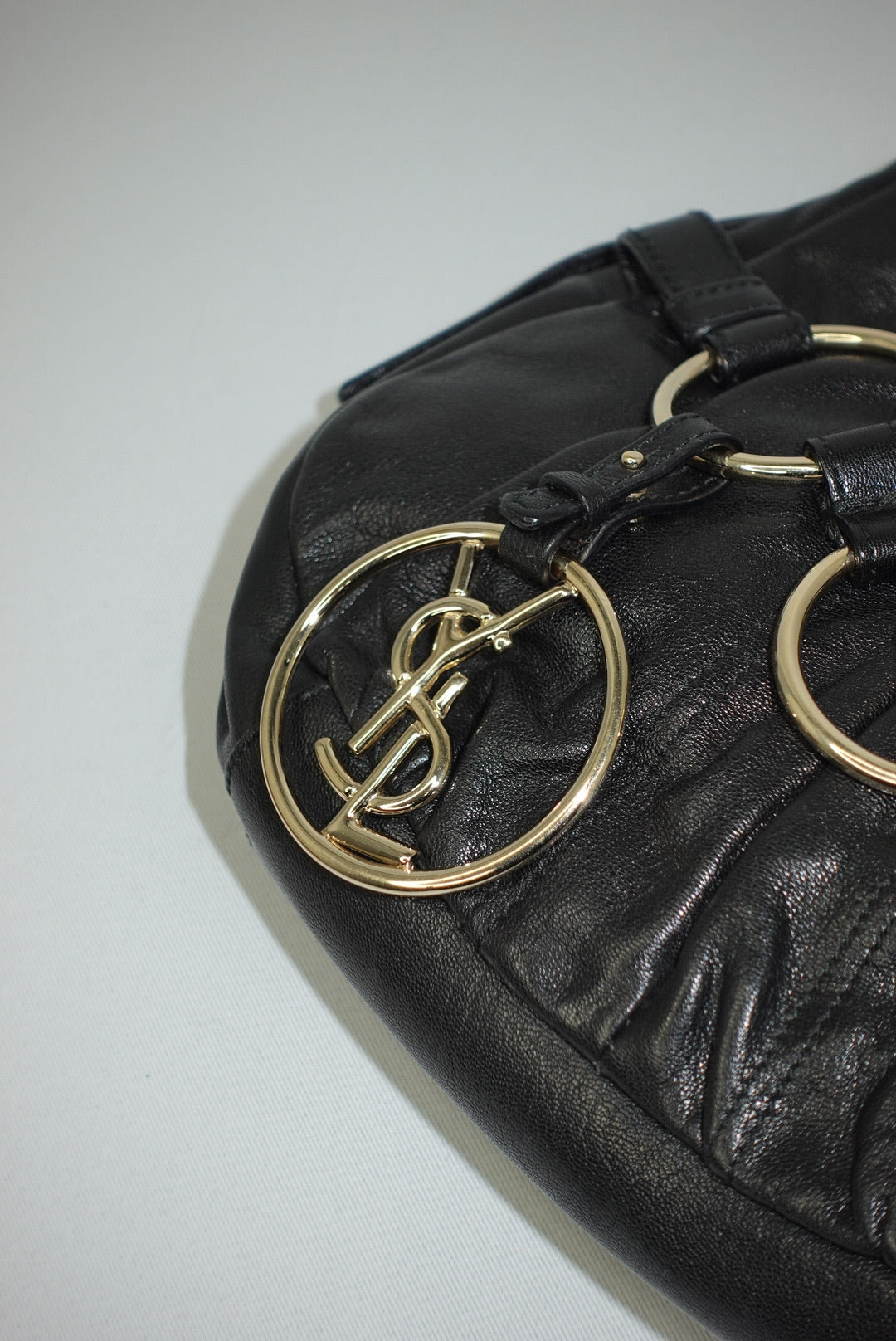 Yves Saint Laurent Black Leather Saharienne Vintage Bag w/ Logo Charm
