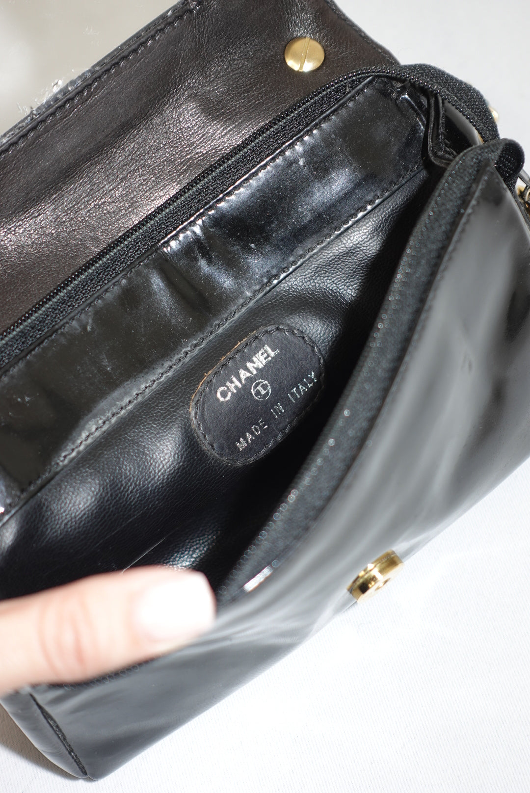 Chanel Re-Worked CC Flap Vintage Black Patent Leather Wallet w/ Chain