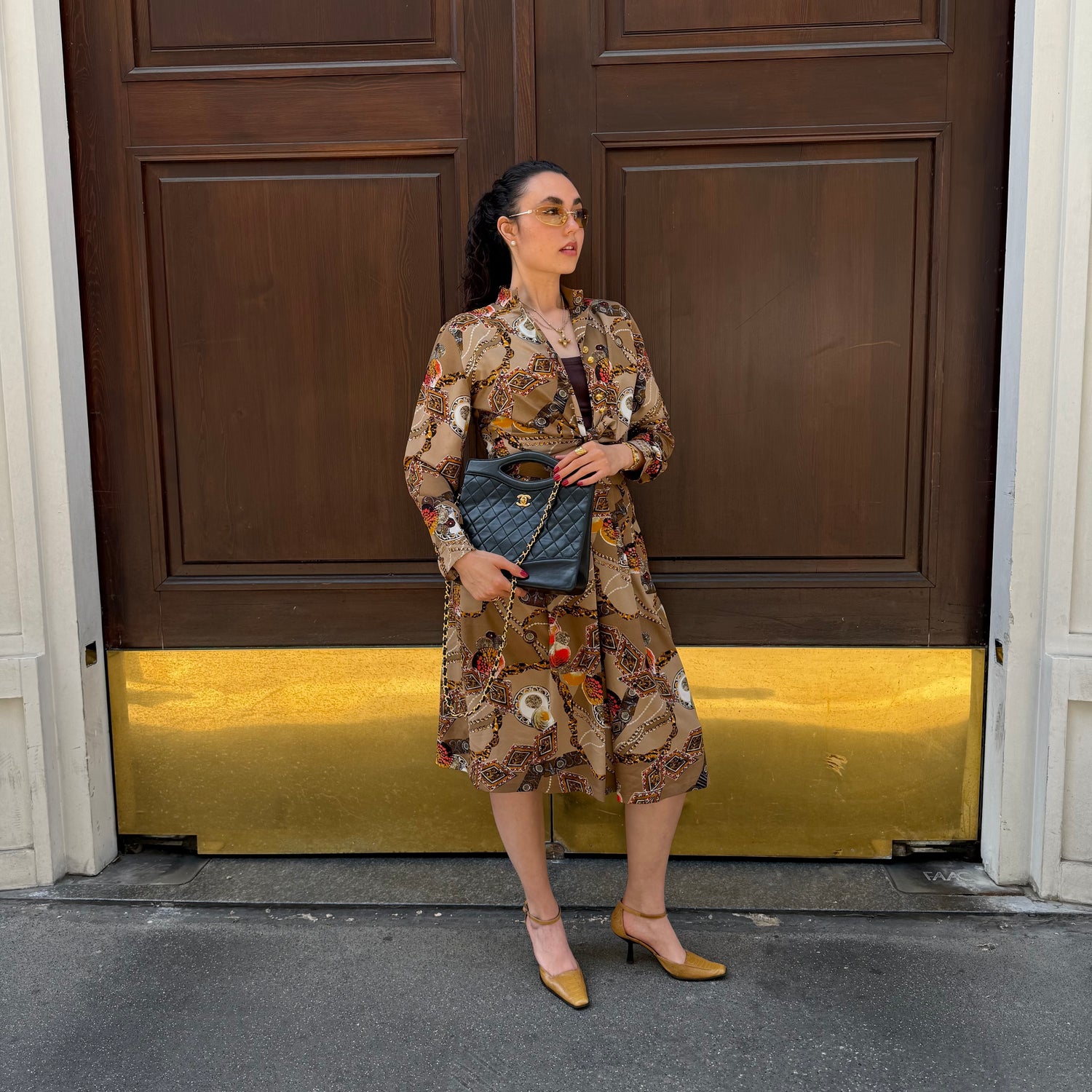 Light Brown Printed Shirt and Skirt Set