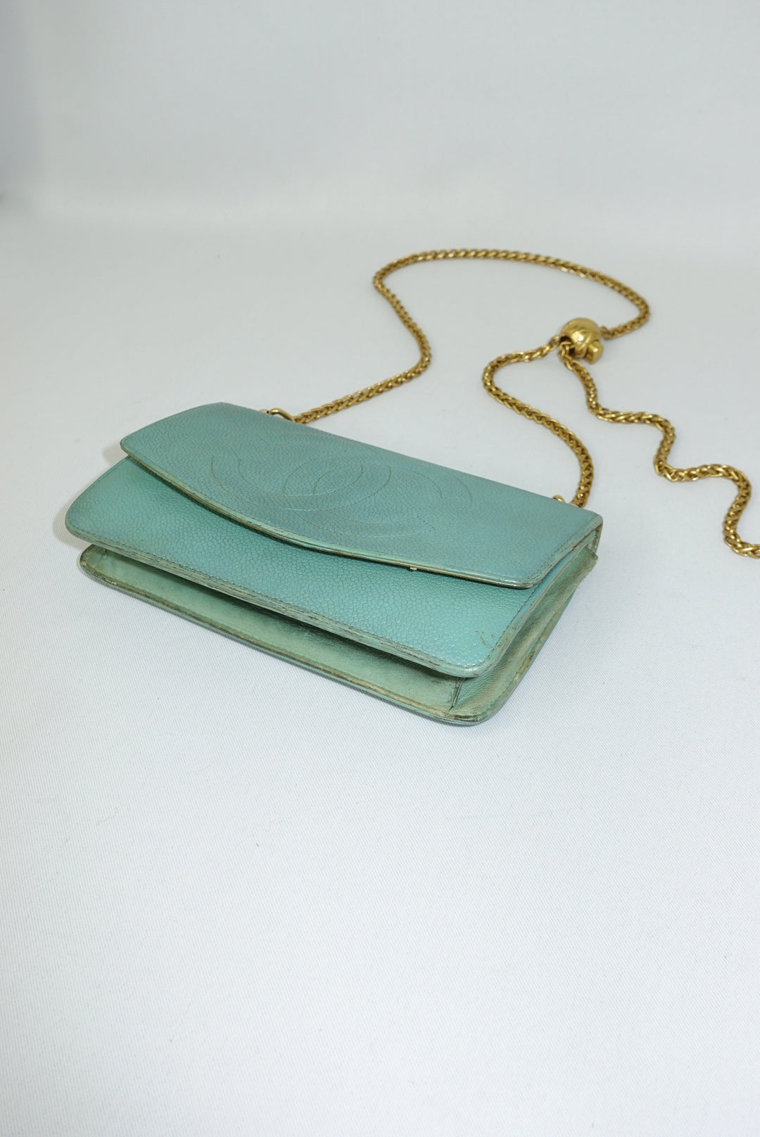 Chanel Re-Worked Flap Teal CC logo Vintage Wallet with Chain
