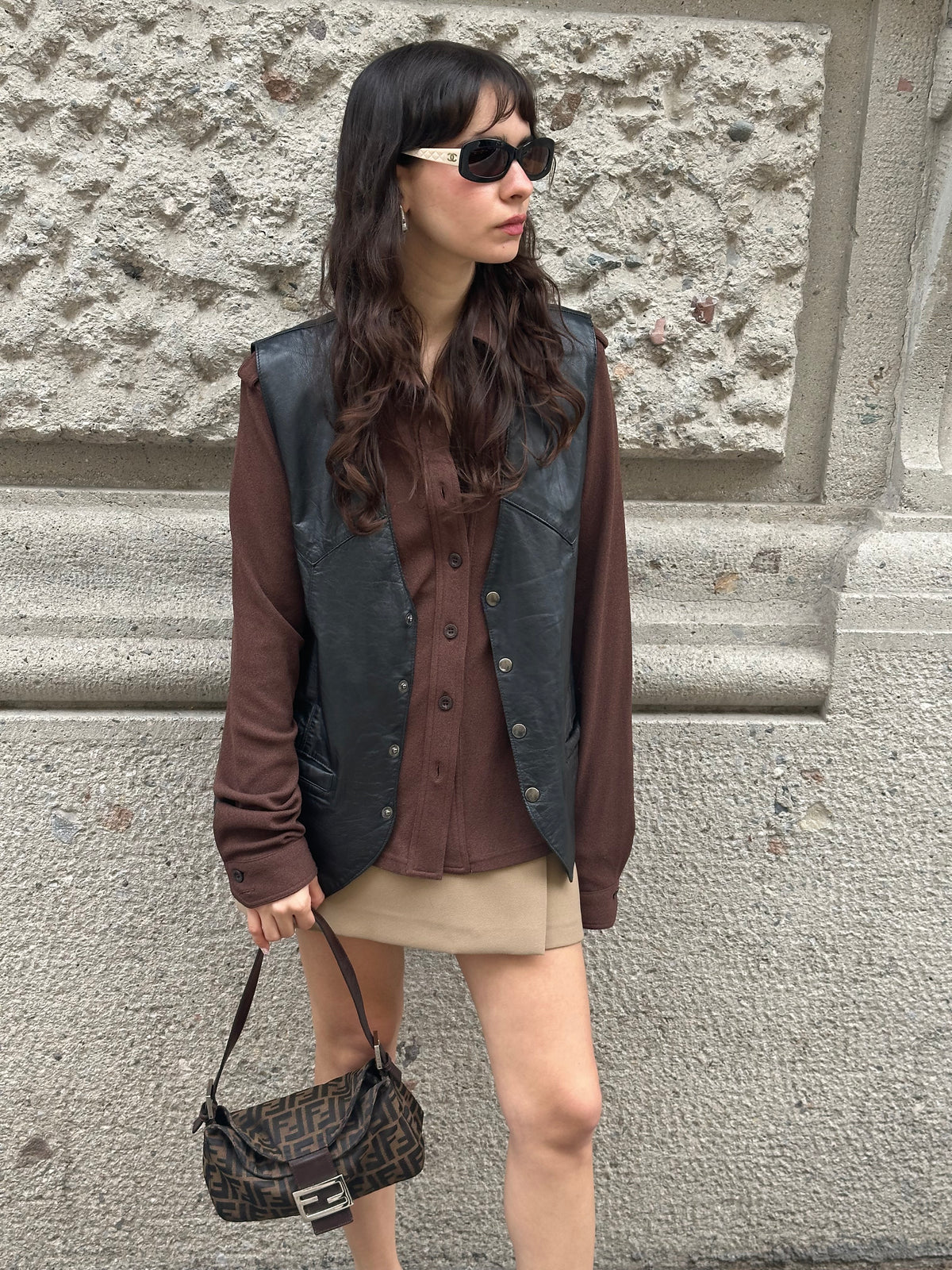 029. Polo vintage marrone a maniche lunghe FENDI