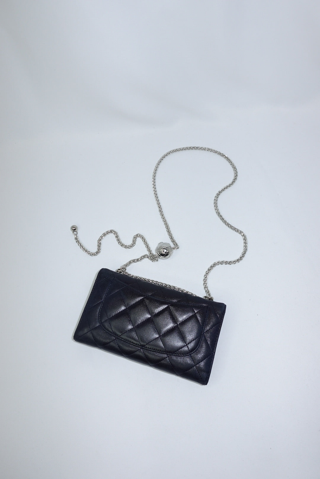 Re-Worked Chanel Timeless Trifold Vintage Navy Wallet with Chain