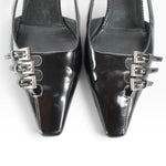 My Vintage Attire Prada black leather slingback kitten heels with triple buckle detail and pointed square toe.