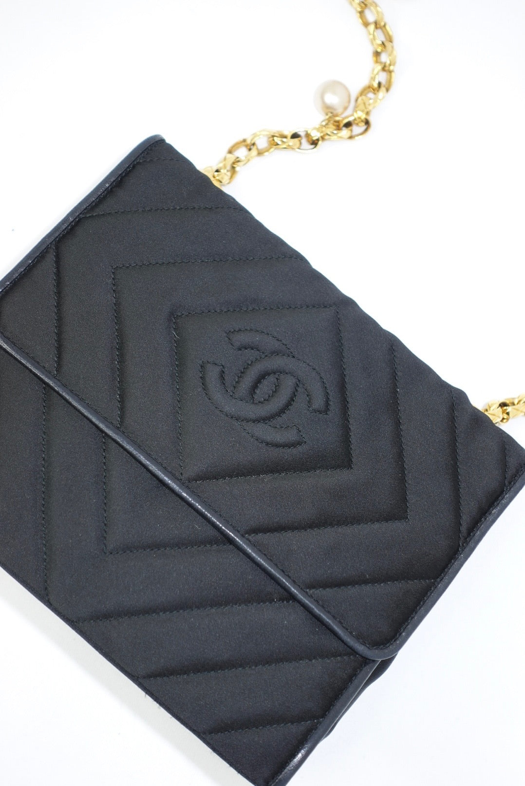 Chanel Vintage Satin Pearl Chain Embroidered CC Logo Bag