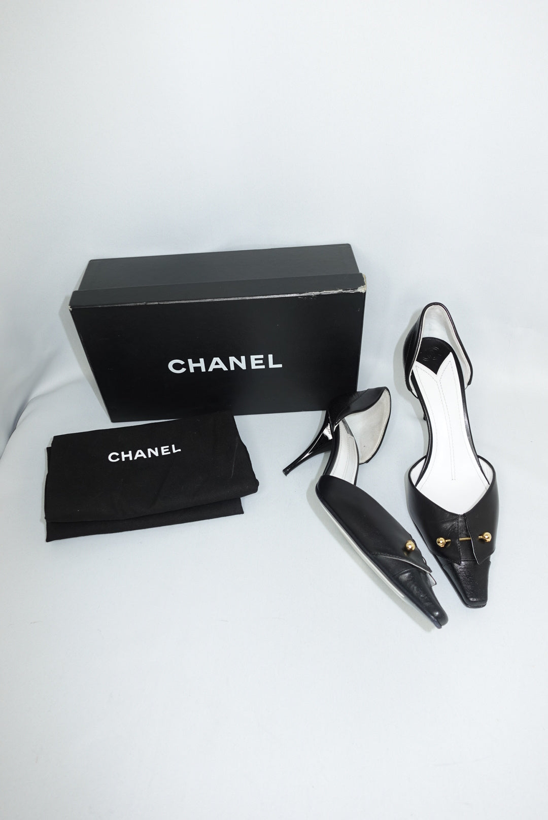 Chanel Vintage Heels Black Pointed-Toe w/ Gold Toned Studs